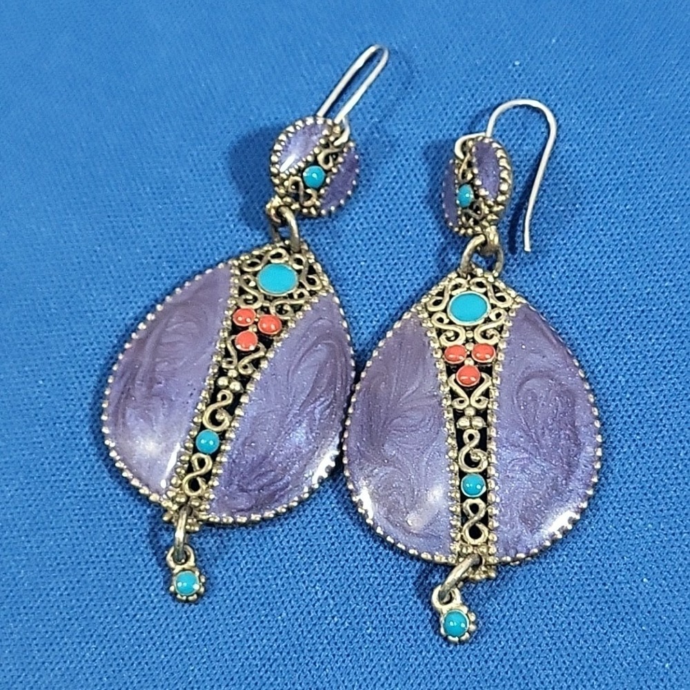 Vintage Tibetan Nepalese Style Earrings Teardrop Drop Dangle Statement Hooks